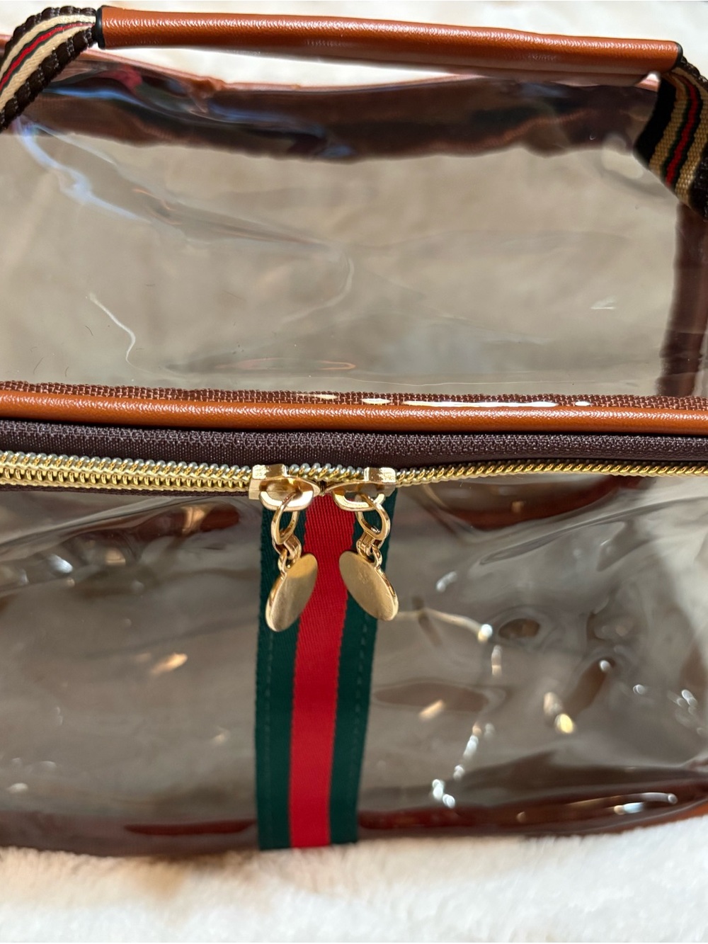 Clear PVC Cosmetic/Travel bag with Brown Trim and Green-Red Stripe